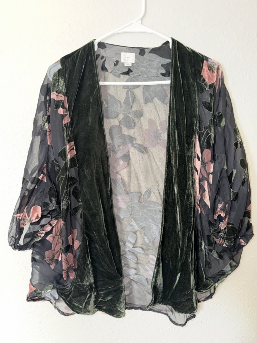 a new day Velvet-Trim Floral Sheer Open Cardigan - Black & Pink